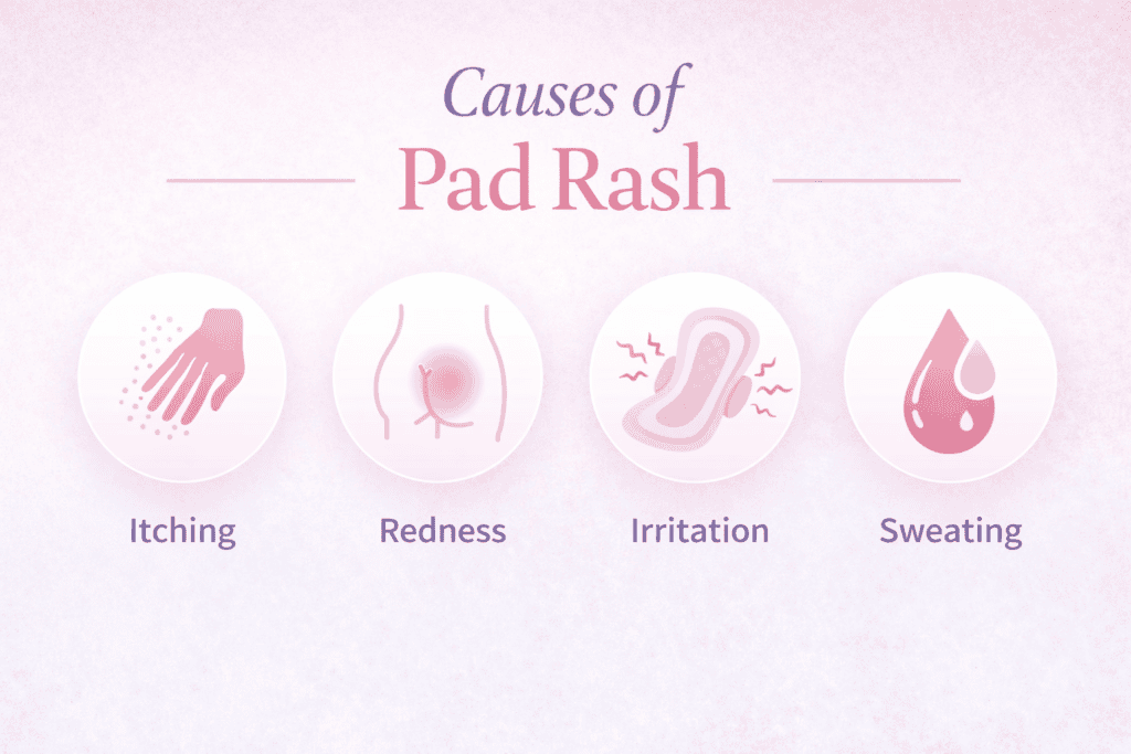 Illustration of pad rash causes including itching, redness, irritation, and sweating.