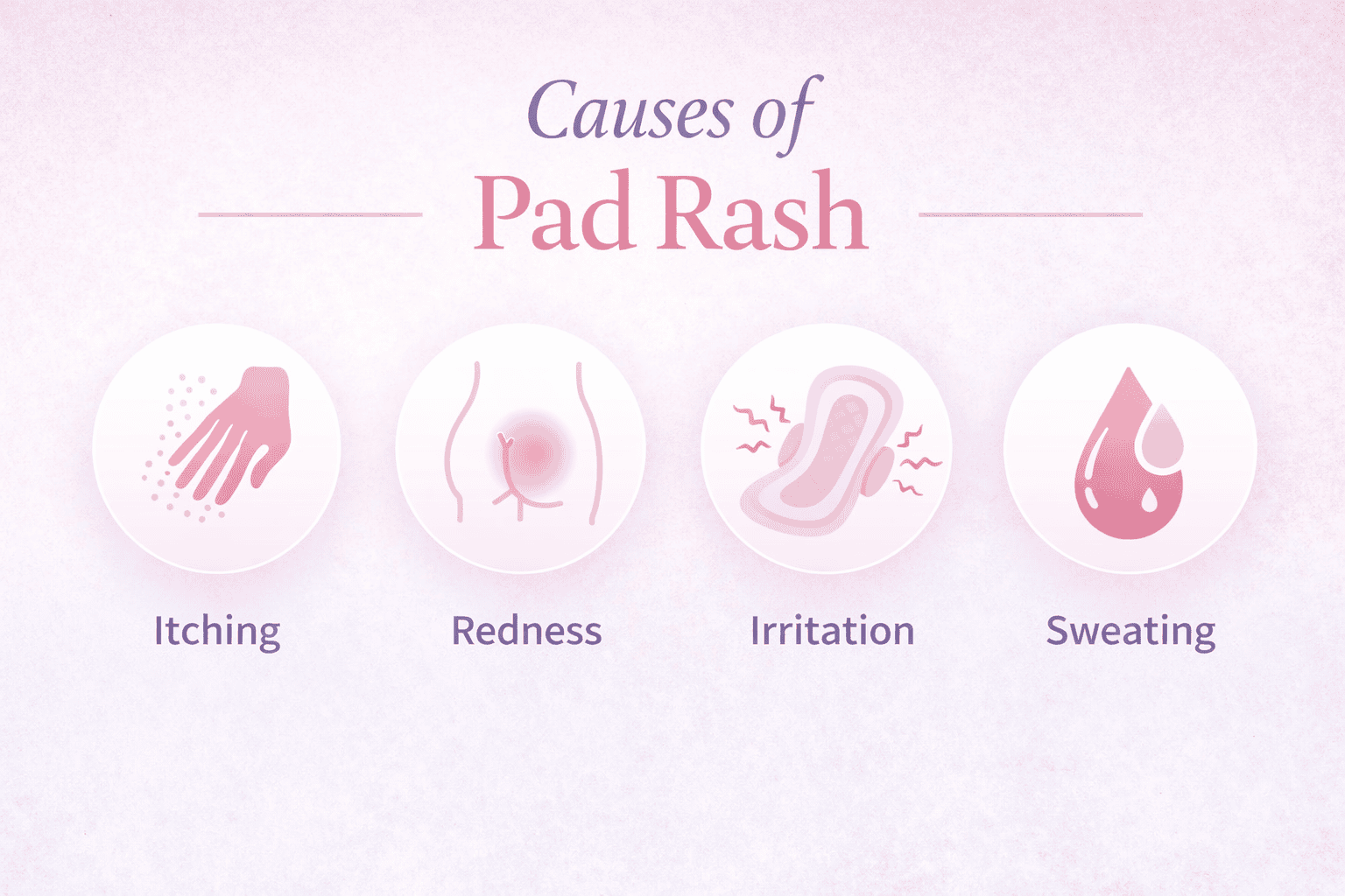 Illustration of pad rash causes including itching, redness, irritation, and sweating.